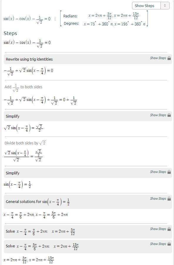 Sin x - cos x - 1/√2 = 0 Find the value of x ​-example-1