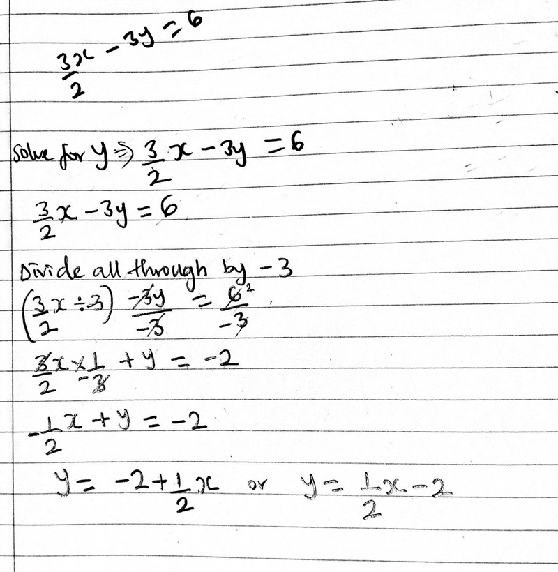 Solve for y. 3/2x-3y=6-example-1