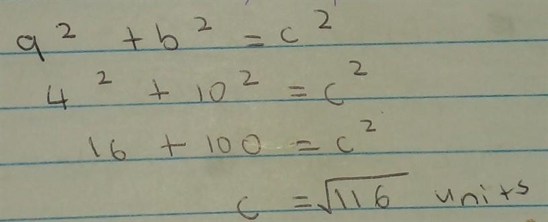 Find the missing length. 10 4 с C= ✓ [?] Pythagorean Theorem: a2 + b2 = c2-example-1