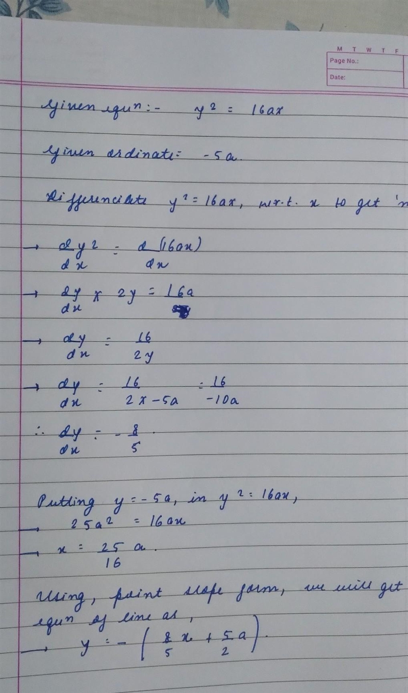 `find the equatifindon of tangent and normal of parabola y²=16ax at point whose coordinate-example-1