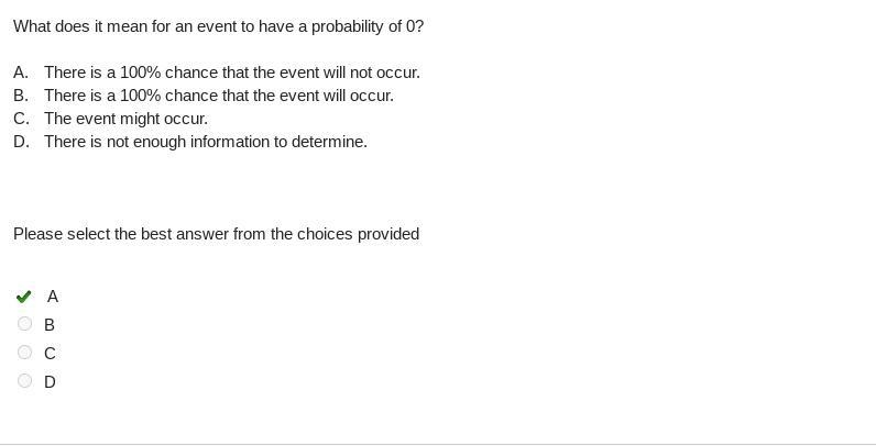 What does it mean for an event to have a probability of 0? A. There is a 100% chance-example-1