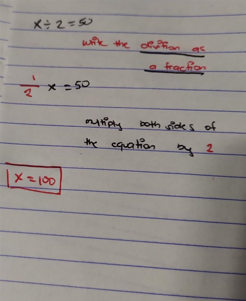 X ÷ 2 = 50 x = ? Question Easy​-example-1