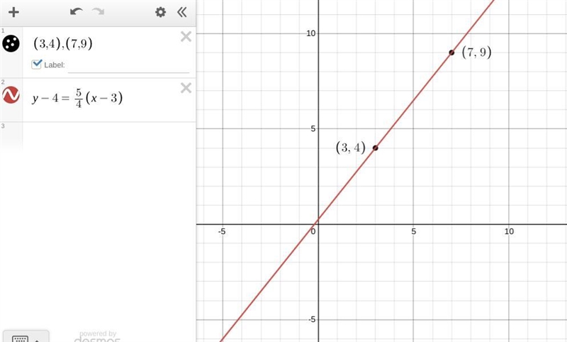 Find the slope of the line that goes through the following points (3, 4) and (7,9)-example-1