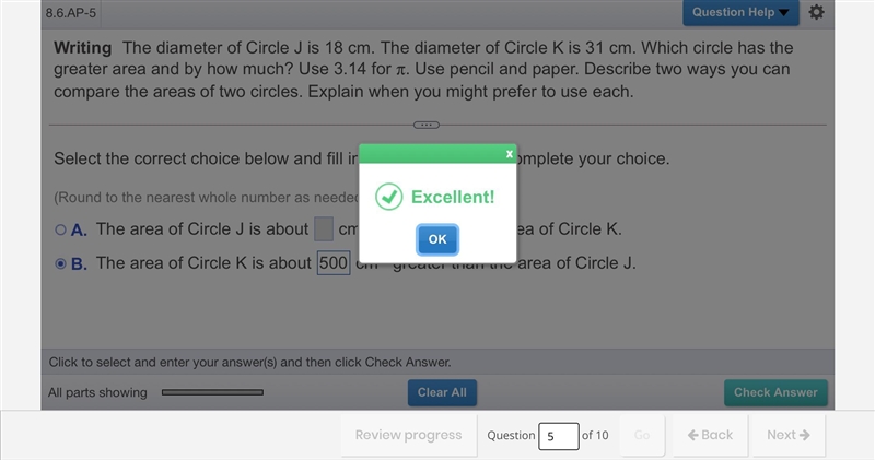 8.6.AP-5 Question Help o Writing The diameter of Circle J is 18 cm. The diameter of-example-1