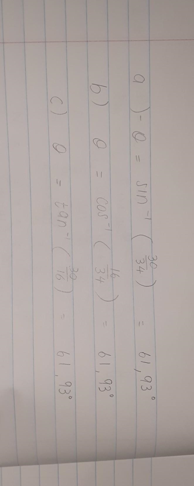 I’m the triangle shown we can find the angle theta as follows.-example-1