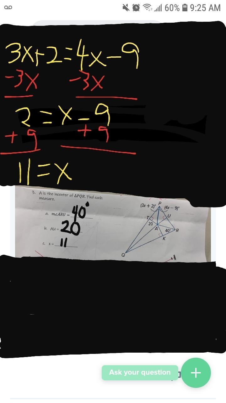 A is the in center of PQR. Find each measure PLEASE HELP ME-example-1