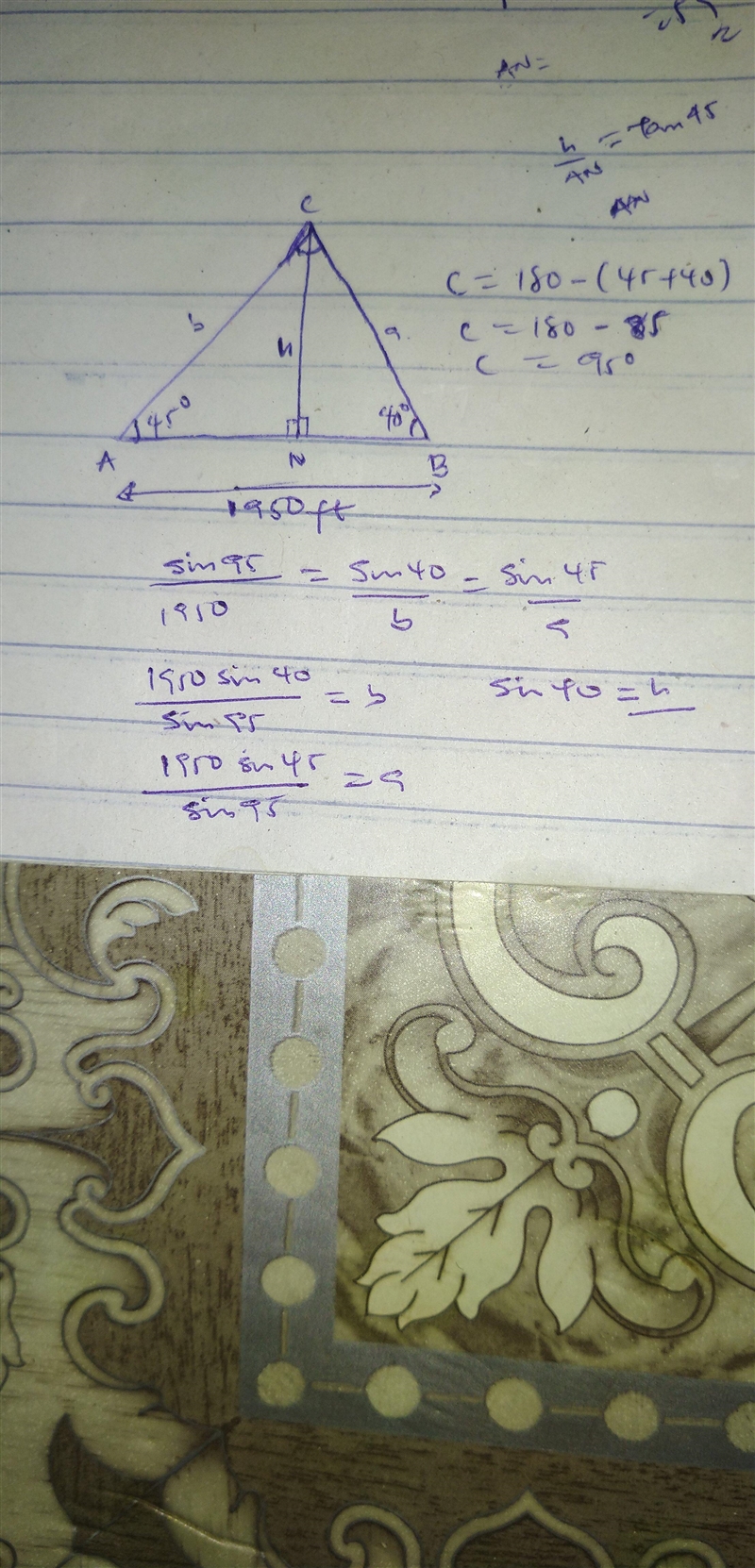 An aircraft (at Z) is spotted by two observers (at X and Y) who are L = 1950 feet-example-1