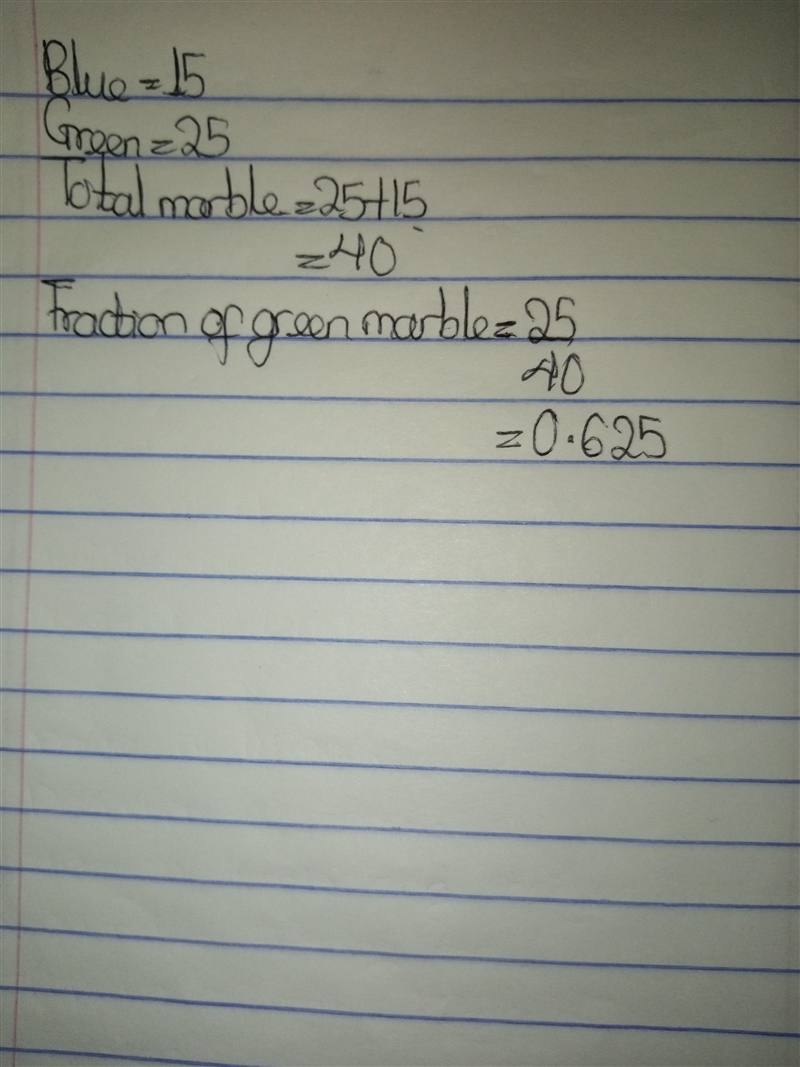 Bag of marbles contains 15 blue marbles and 25 green marbles. Which decimal represents-example-1