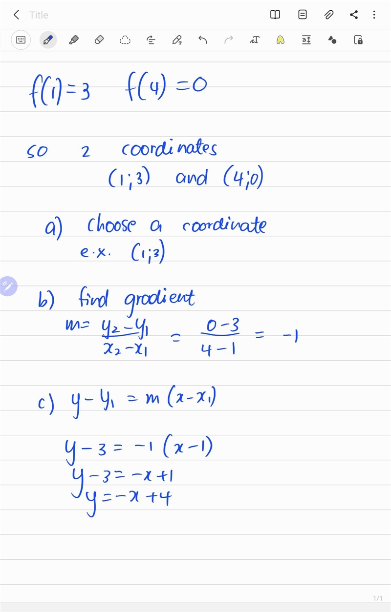 Find the linear function for f(1) = 3 and f(4) = 0-example-1