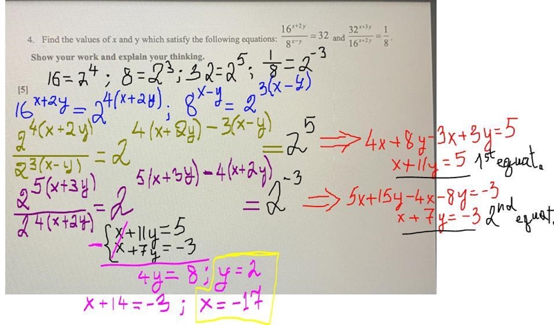 Find the values of x and y which satisfy the following equations-example-1