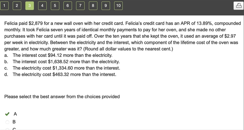 Felicia paid $2,879 for a new wall oven with her credit card. Felicia’s credit card-example-1