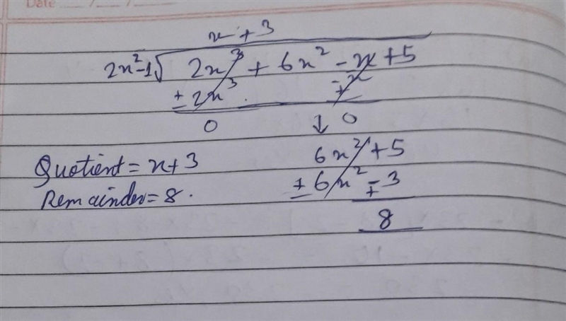 Use long division to find the quotient and remainder when 2x^3 + 6x^2 - x + 5 divided-example-1