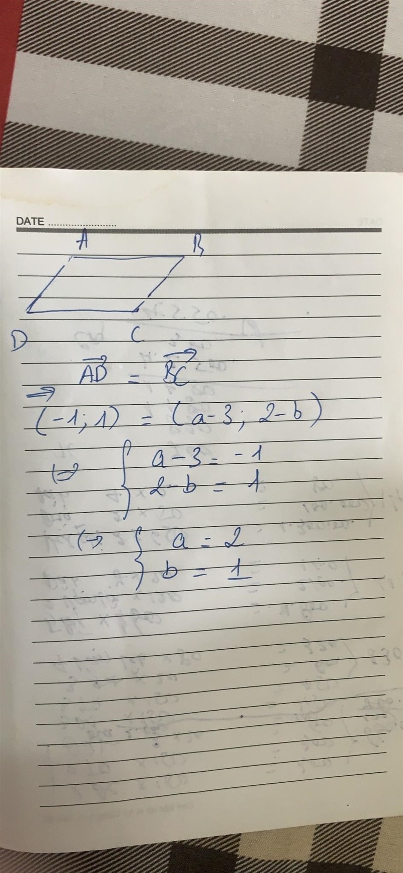 The four points A(-1.0). B(3.b). C(a. 2) and D(-2.1) are the vertices of a parallelogram-example-1