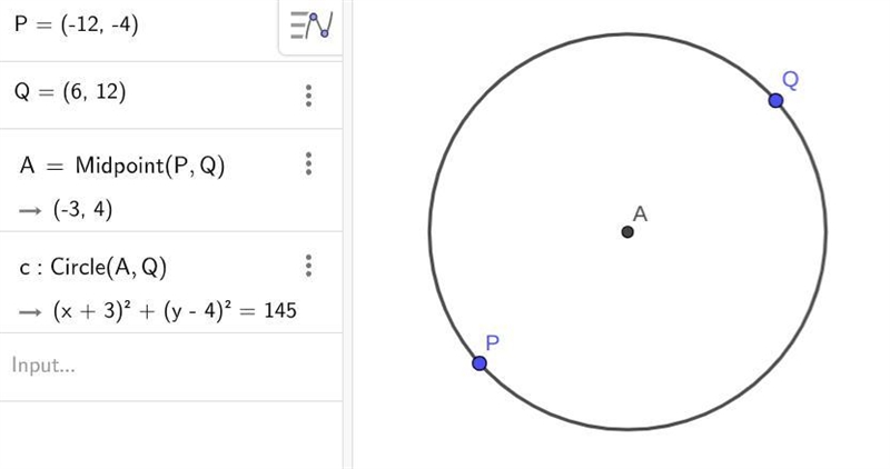 The diameter of a circle has endpoints P(-12, -4) and Q(6, 12). Write an equation-example-1