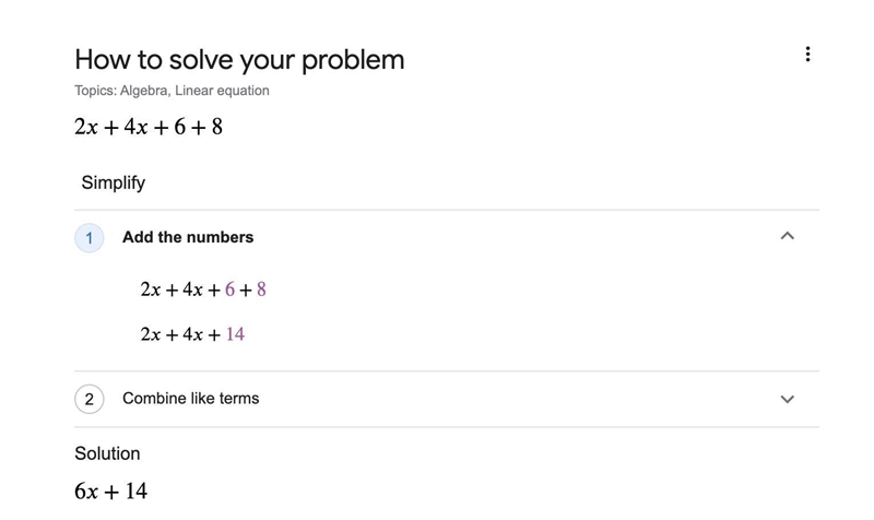 Simplify each expression by combining like terms 2x+4x+6+8-example-1