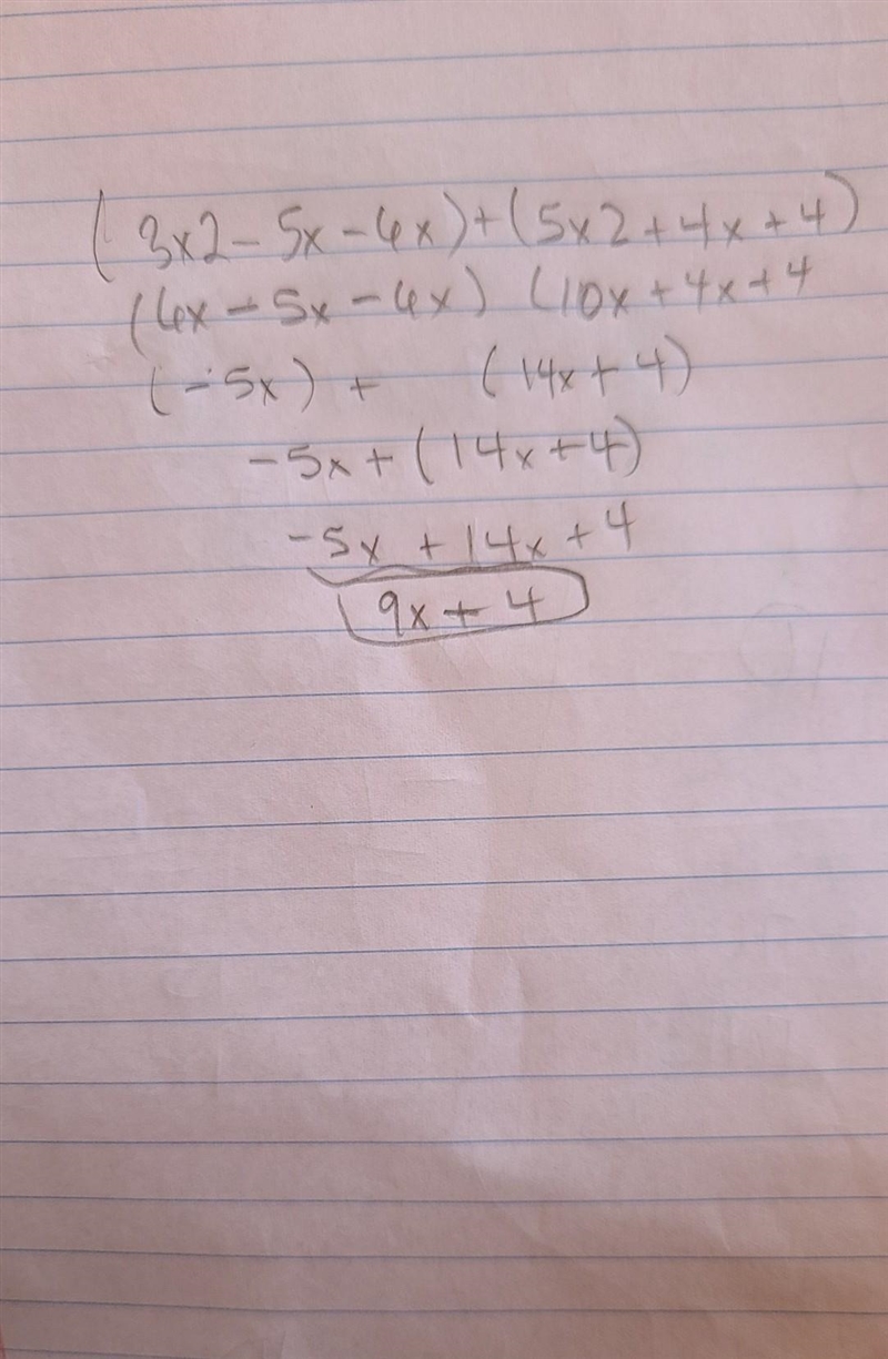 Simplify by combining like terms (3x2-5x- 6x)+(5x2+4x+4)-example-1