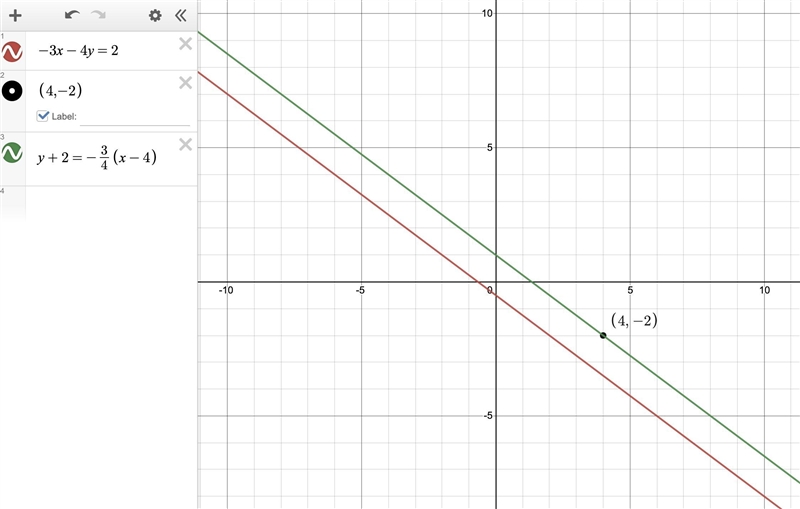 Consider the line that passes through the point P(4, - 2) and is parallel to the line-example-1