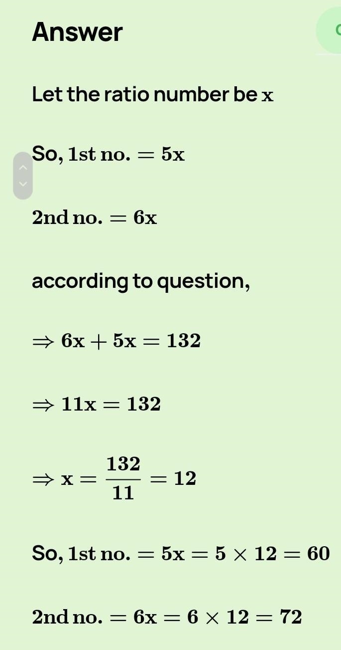 Two number are in the ratio 5:6 if sum of three number is 132 . find the number.​-example-1