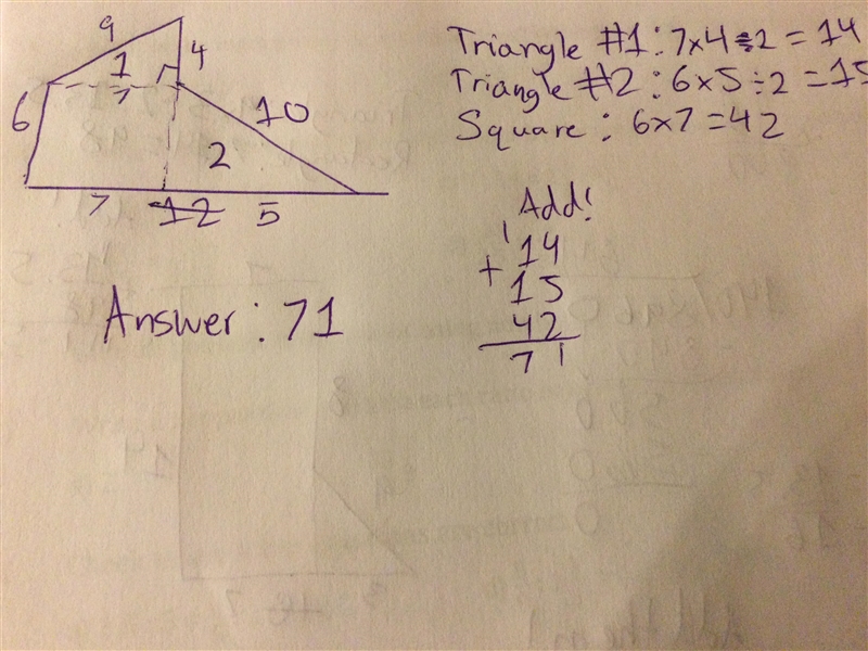 Find the area of each shape by decomposing it into smaller shapes, combining their-example-1