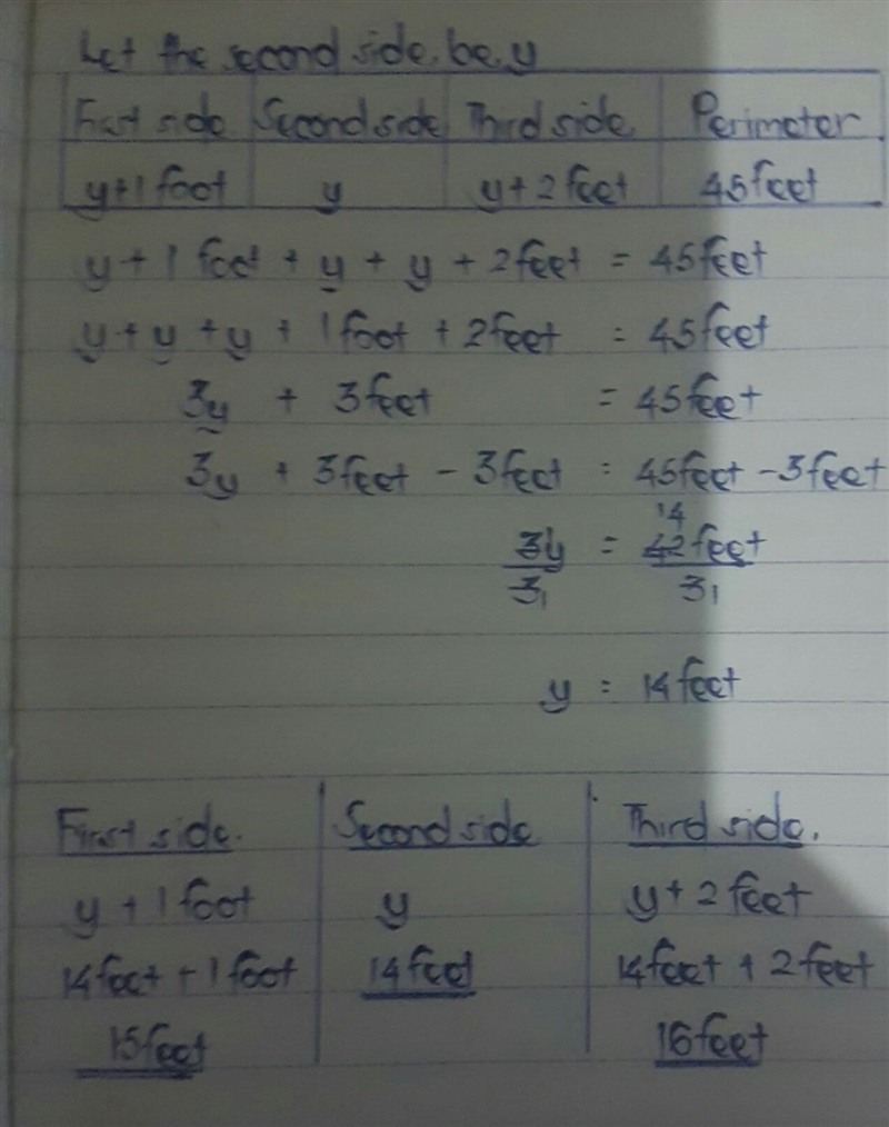 The perimeter of a triangle is 45 feet. One side of the triangle is one foot longer-example-1