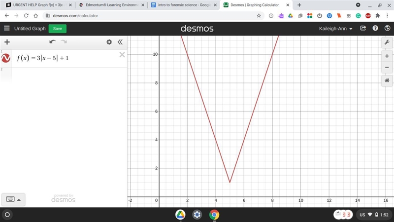 URGENT HELP Graph f(x) = 3|x - 5| + 1 (please put picture of the answer graphed)-example-1