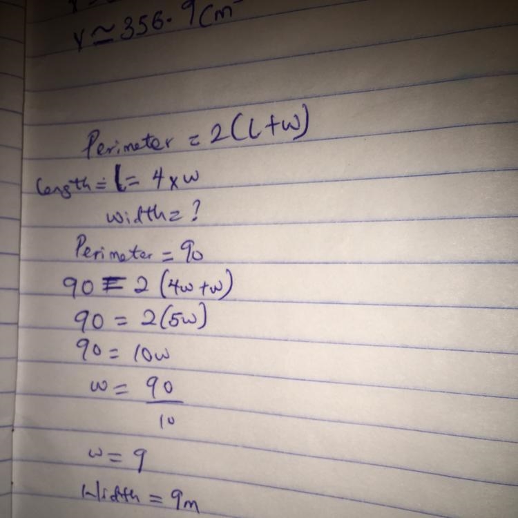 A rectangular room is four times as long as it is wide, and its perimeter is 90 meters-example-1