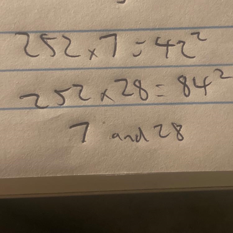 252k is a perfect square. Find any two possible values of k.​-example-1