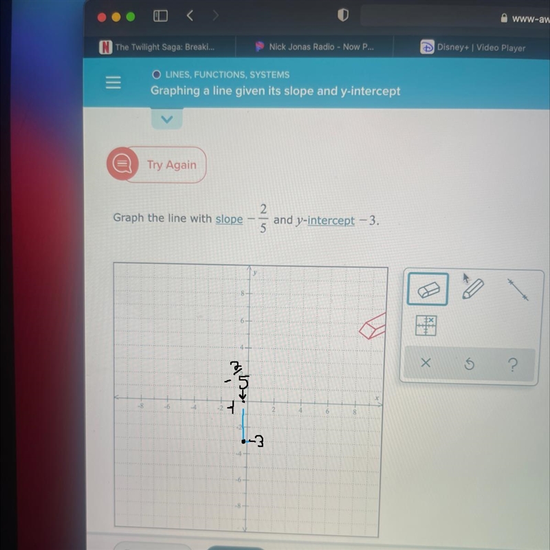 Graph the line with slope -2.5 and y intercept -3-example-1