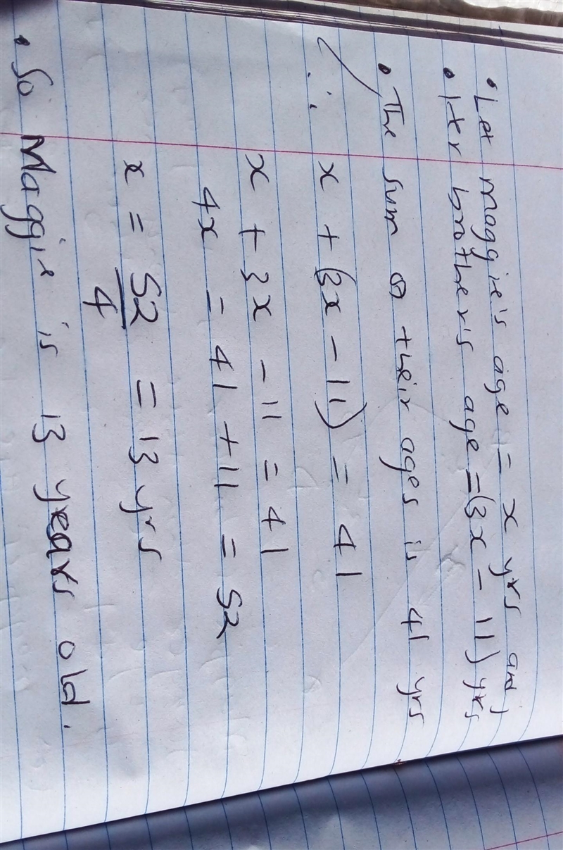 Maggie's brother is 11 years younger than three times her age. The sum of their ages-example-1