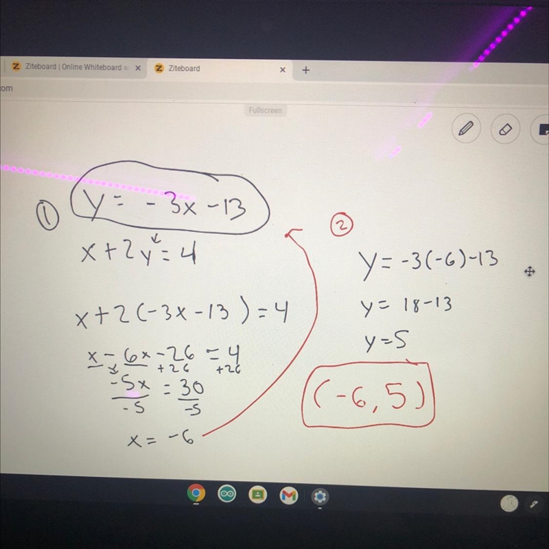 Which point is a solution to the following system: y=-3x-13 x+2y=4-example-1