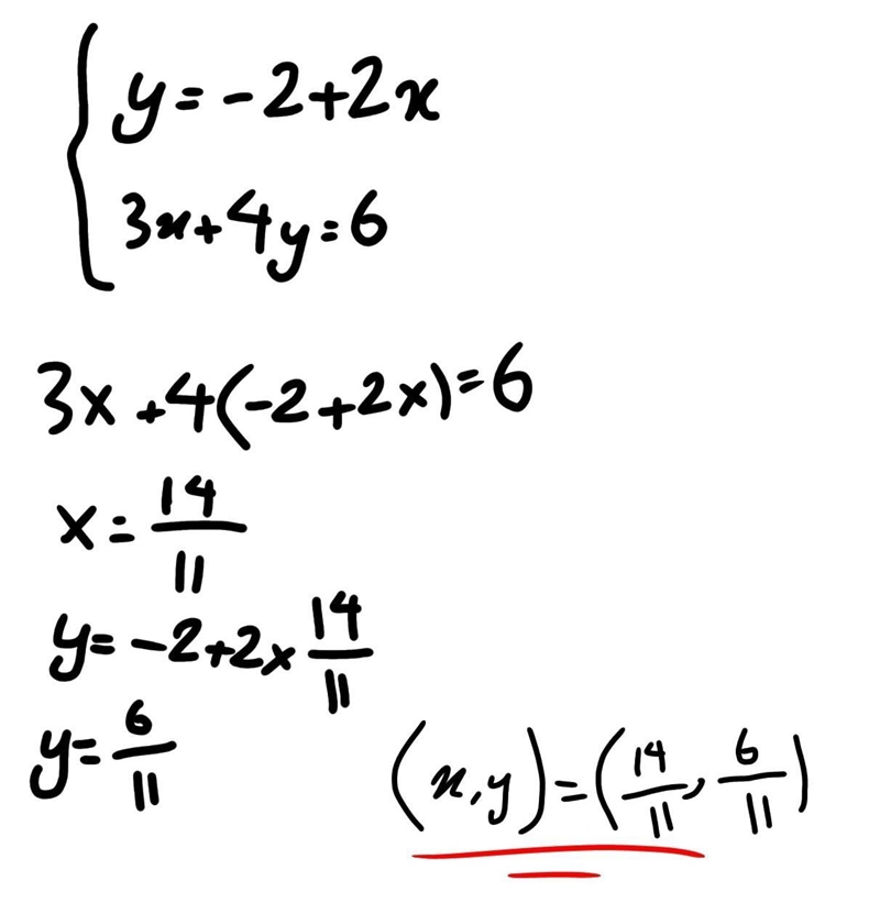 Solve the equations by substitution 2x - y = 2 3x + 4y = 6-example-1