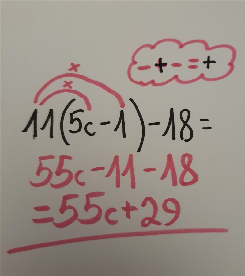 Show me how to solve 11(5c-1)-18=53c+11-example-1