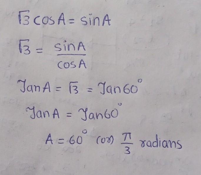 If √3CosA = sin A , find the acute angle A​-example-1