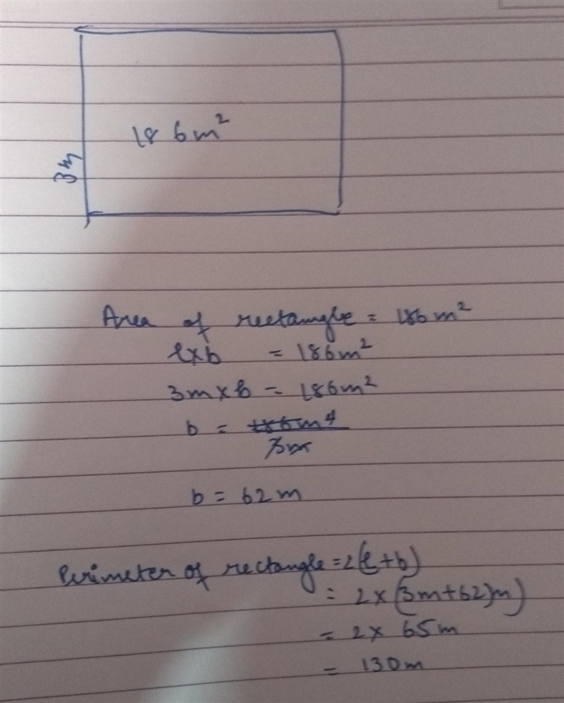 A rectangle has an area of 186m2 one of the sides is 3m in length work out the perimeter-example-1