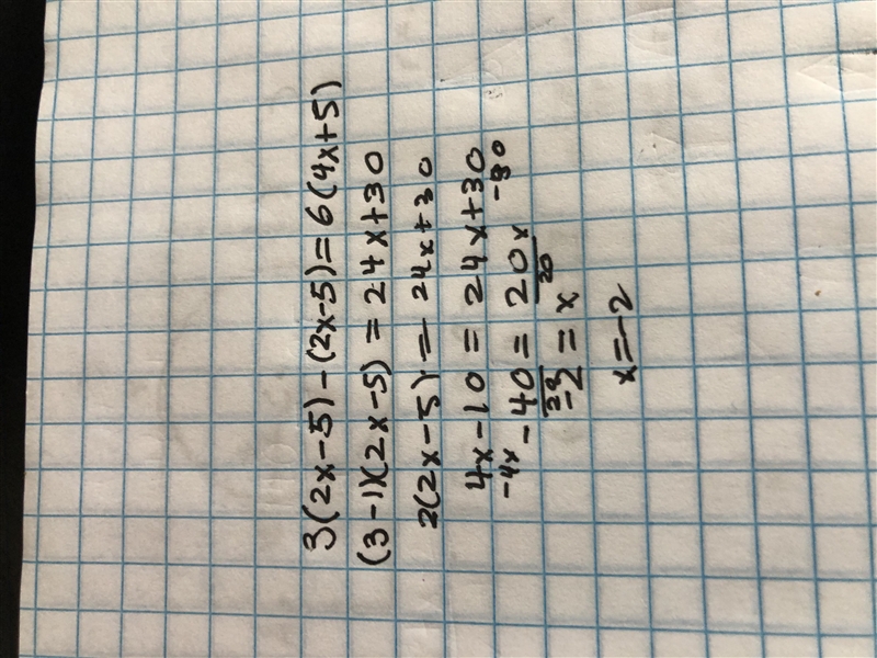 Solve equation for 3(2x - 5) - (2x - 5) = 6(4x + 5)​-example-1