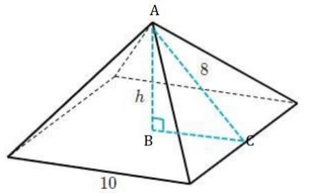 The square pyramid shown below has a base with sides of 10 units. The slant height-example-1