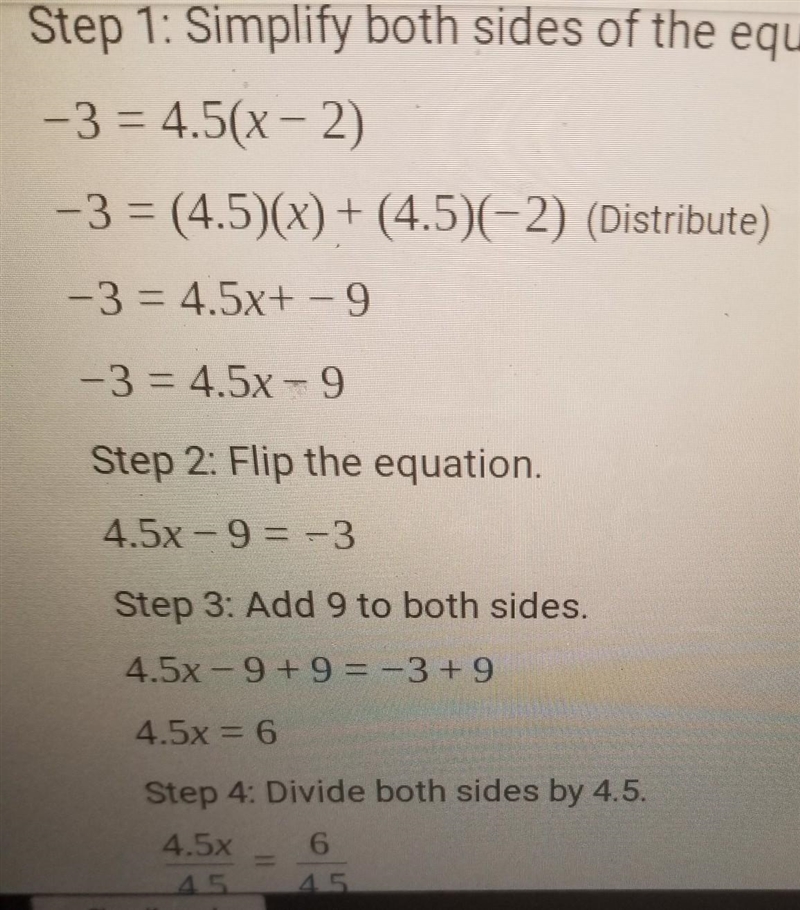 What is the value of x in the equation 1.5(x + 4) -3 = 4.5(x-2)-example-1