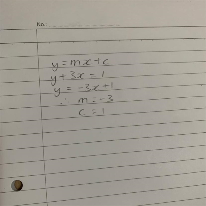 Work out m and c for the line: y + 3 x = 1-example-1