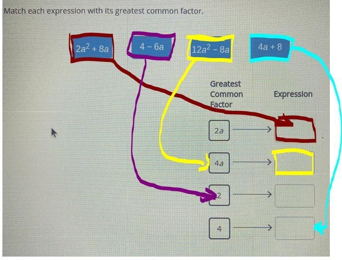 Drag each tile to the correct box. Match each expression with its greatest common-example-1