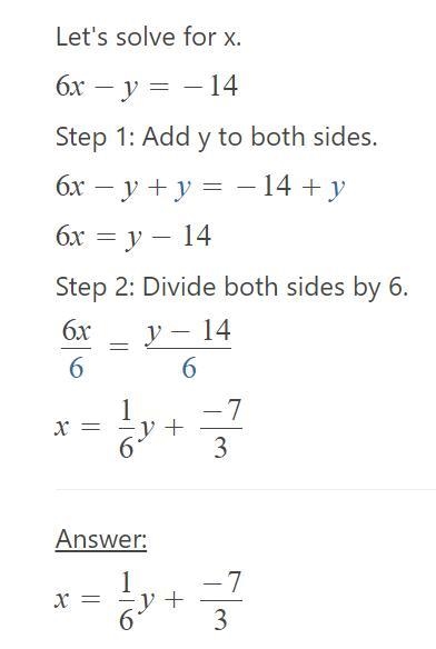 Solve the system of equations. 6x−y=−14 2x−3y=6 whats the answer please C:-example-1