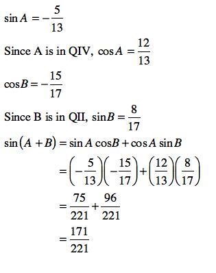 Let sin A = -5/13 with 270 degrees < A < 360 degrees and cos B = -15/17 with-example-1