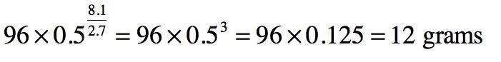 PLS HELP!!! Gold-198 has a half-life of 2.7 days. How much of an 96 g sample of gold-example-1