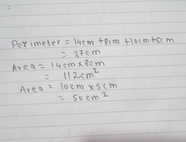 14 cm 8 cm 10cm 5 cm. find the area and the perimeter of the above figures ​-example-1