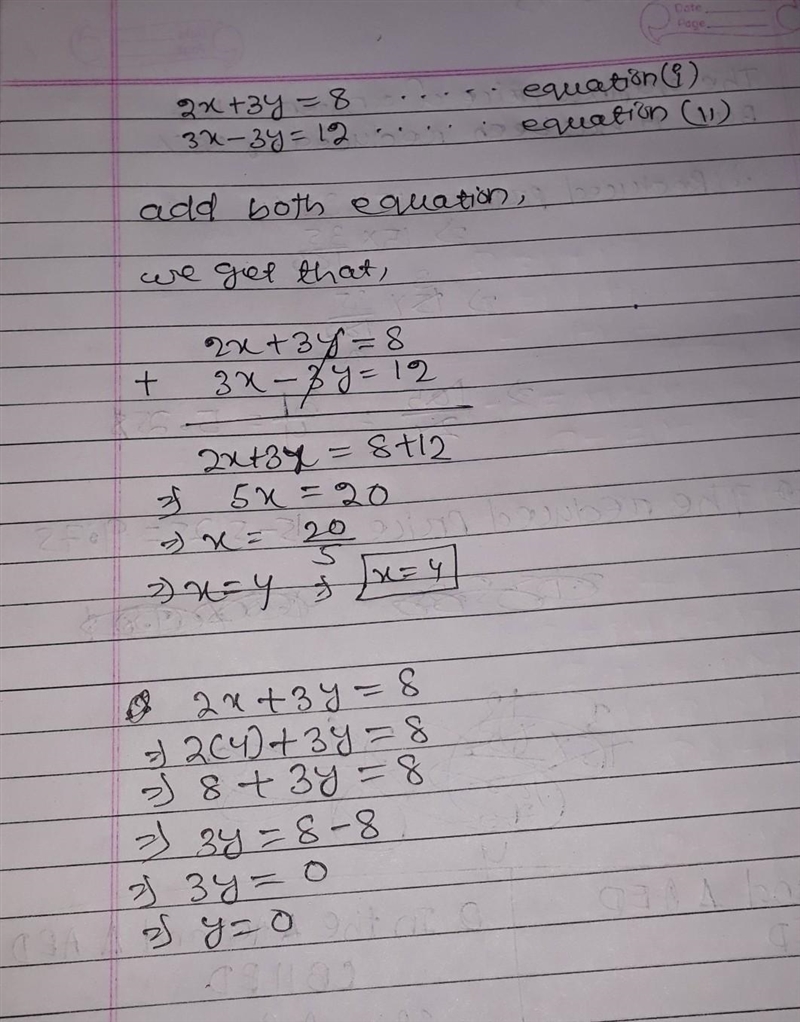 Solve the system of equations 2x + 3y=8 and 3x -3y=12-example-1