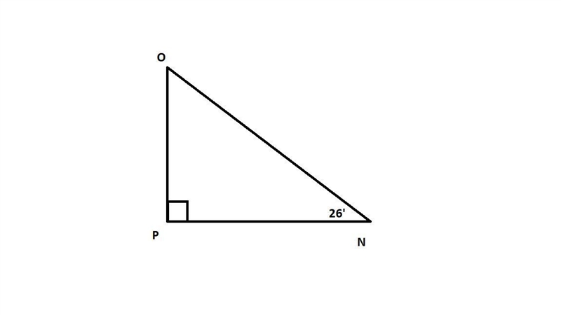 In ANOP, the measure of ZP=90°, the measure of ZN=26°, and OP = 13 feet. Find the-example-1