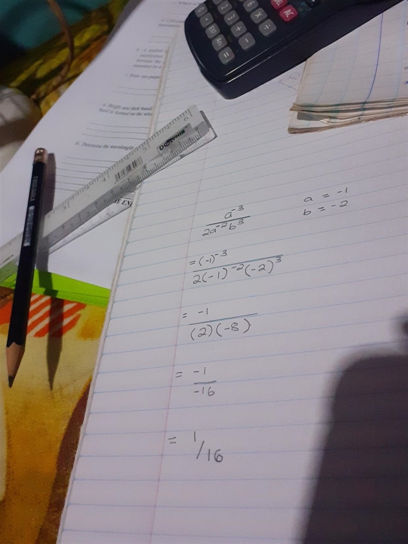 Evaluate the exponent expression for a = 1 and b = -2 A) -2 B)-1/16 C)-2/5 D)1/16-example-1