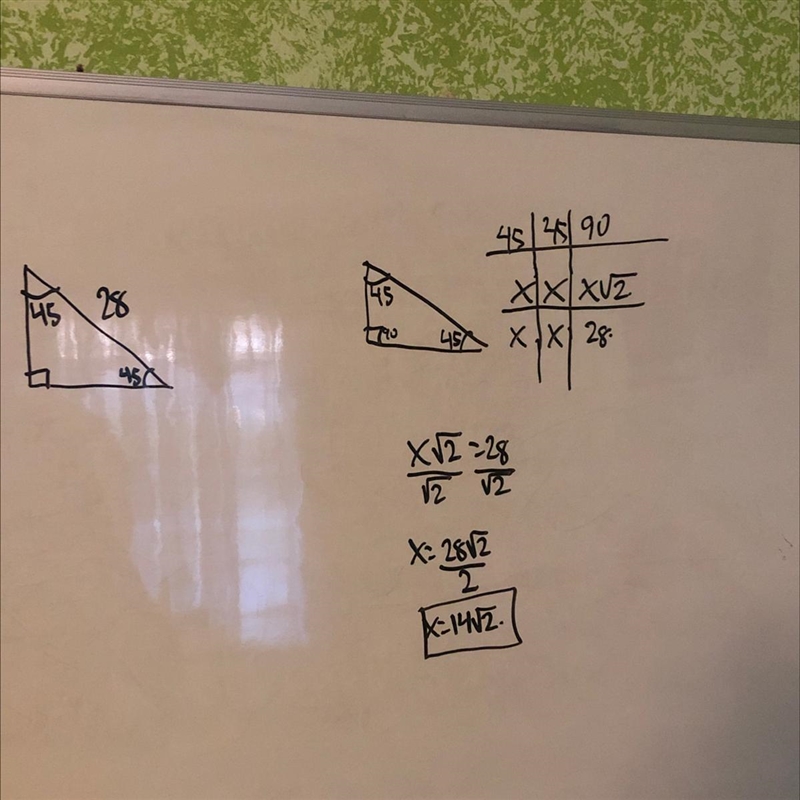 How do you find the remaining side of a 45°-45°-90° triangle if the longest side is-example-1