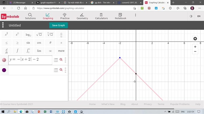 Graph equation Y=-|x+2|-2-example-1