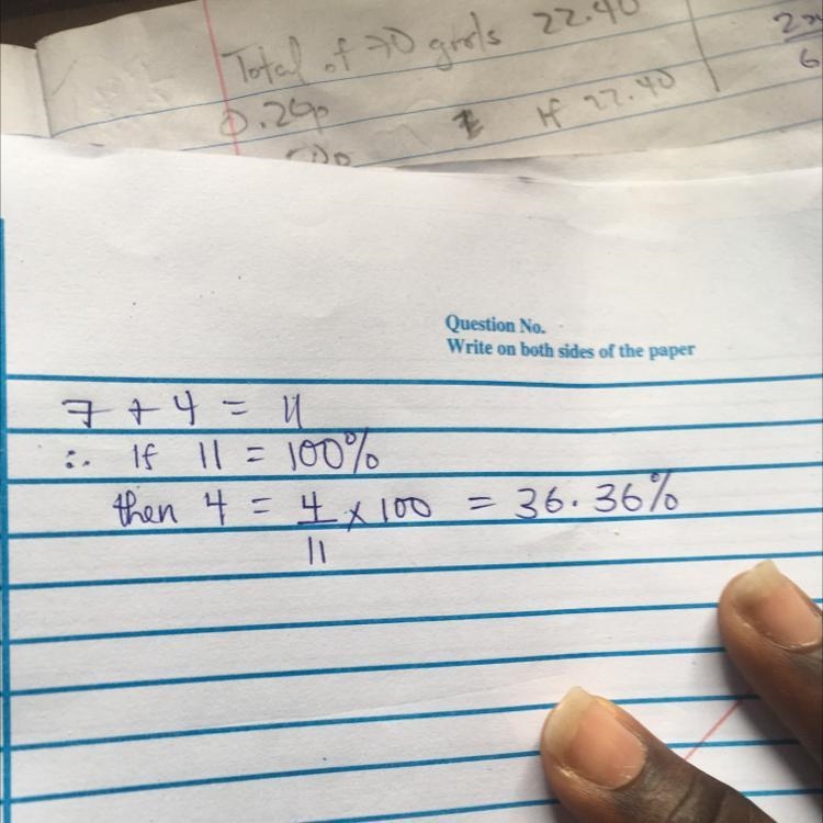 A netball team has 7 boys and 4 girls. The percentage of the girls in the class-example-1