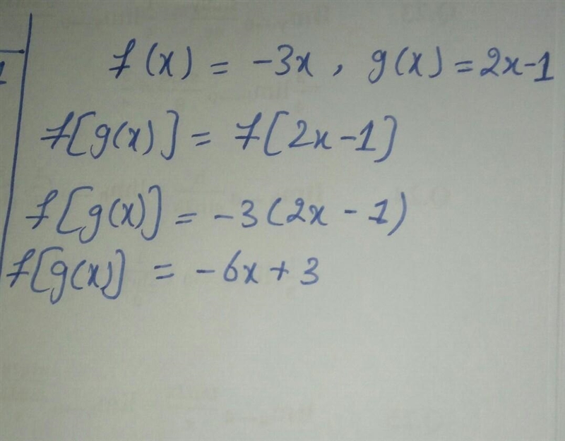 Let f(x) = -3x and g(x) = 2x-1 Find the following: (fog)(1)-example-1